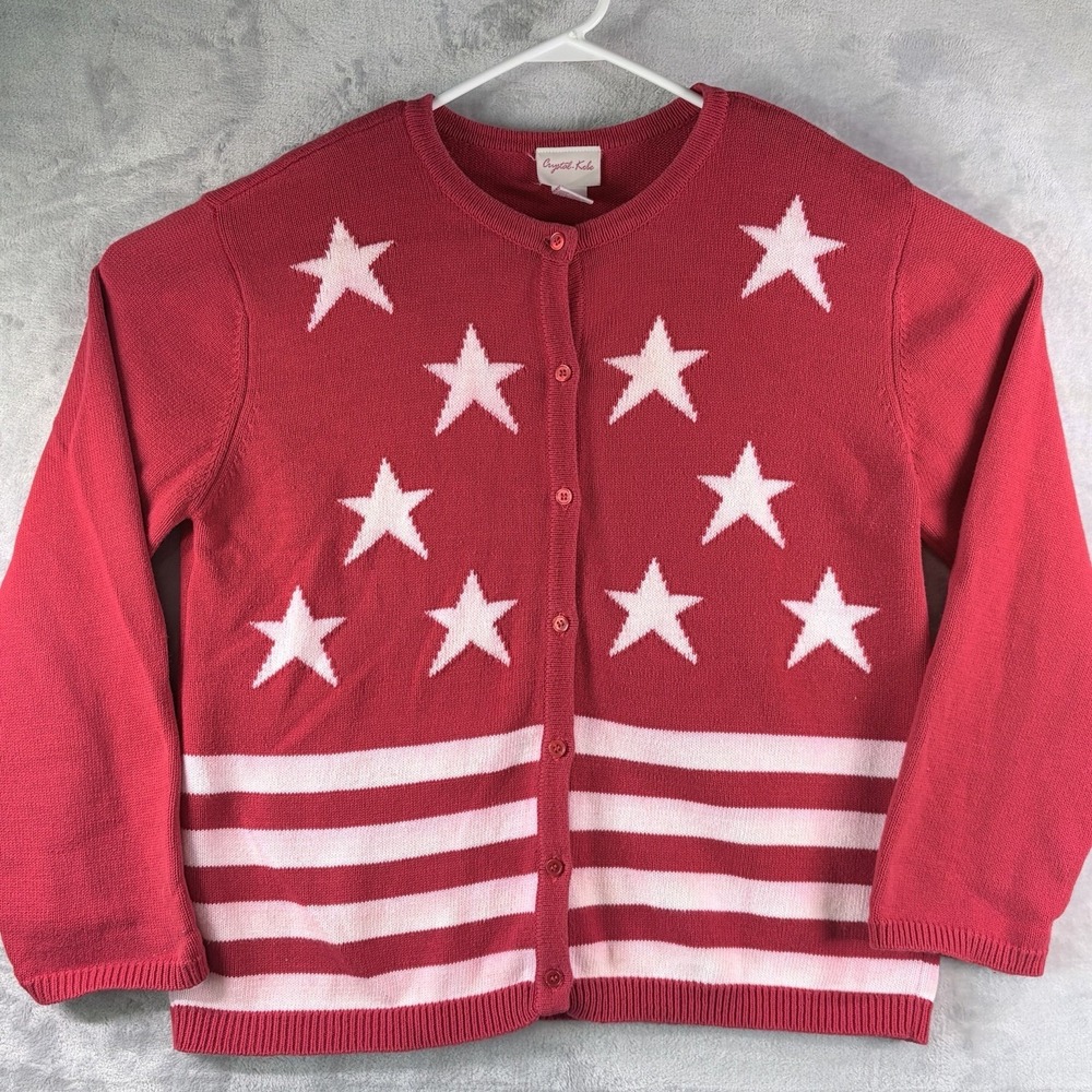 Vintage Crystal Kobe Women's Stars & Stripes Button Up Cardigan Sweater Size L